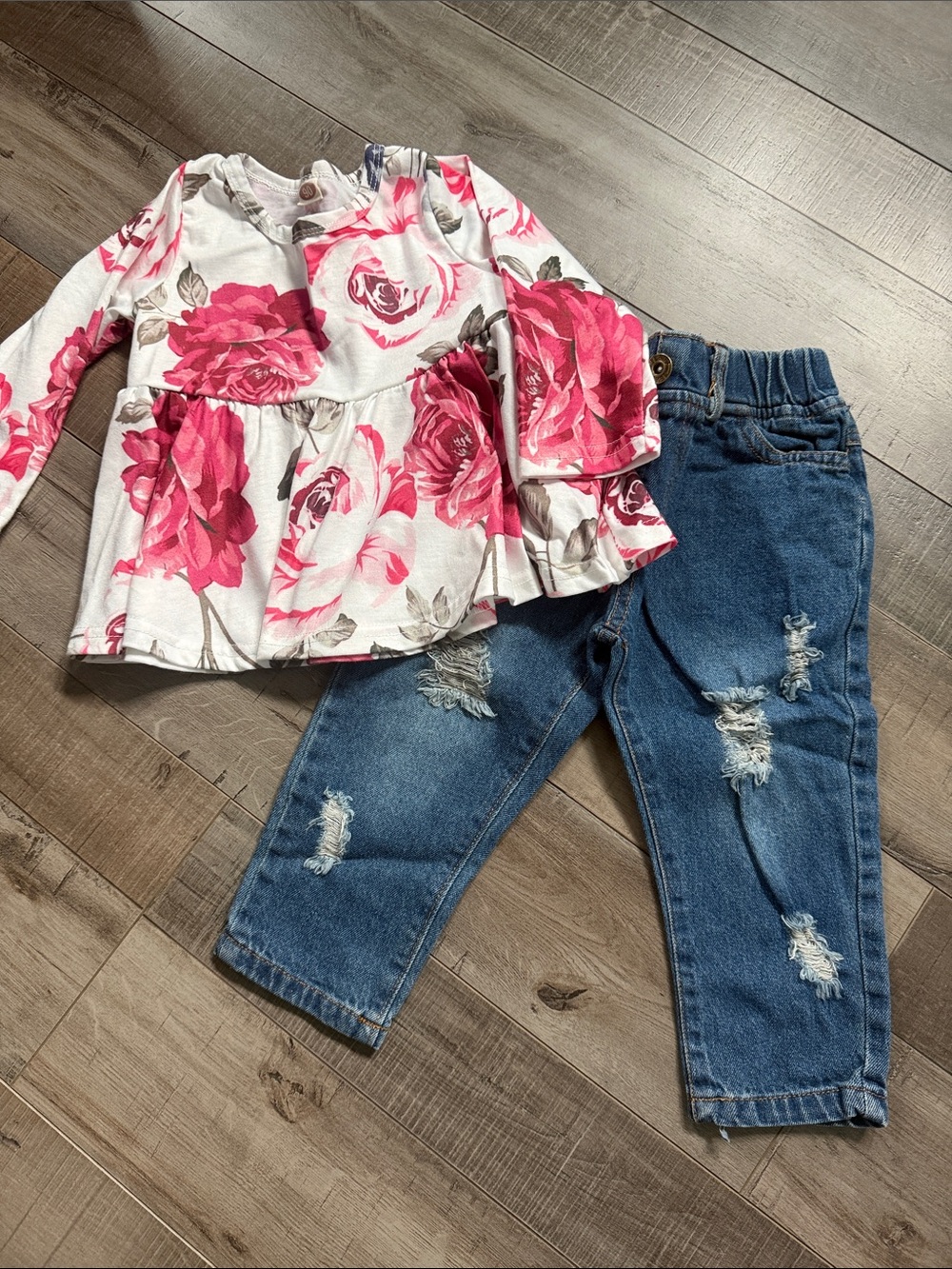 Toddler Floral Peplum Top and Distressed Denim Pants Set - Pink & Blue